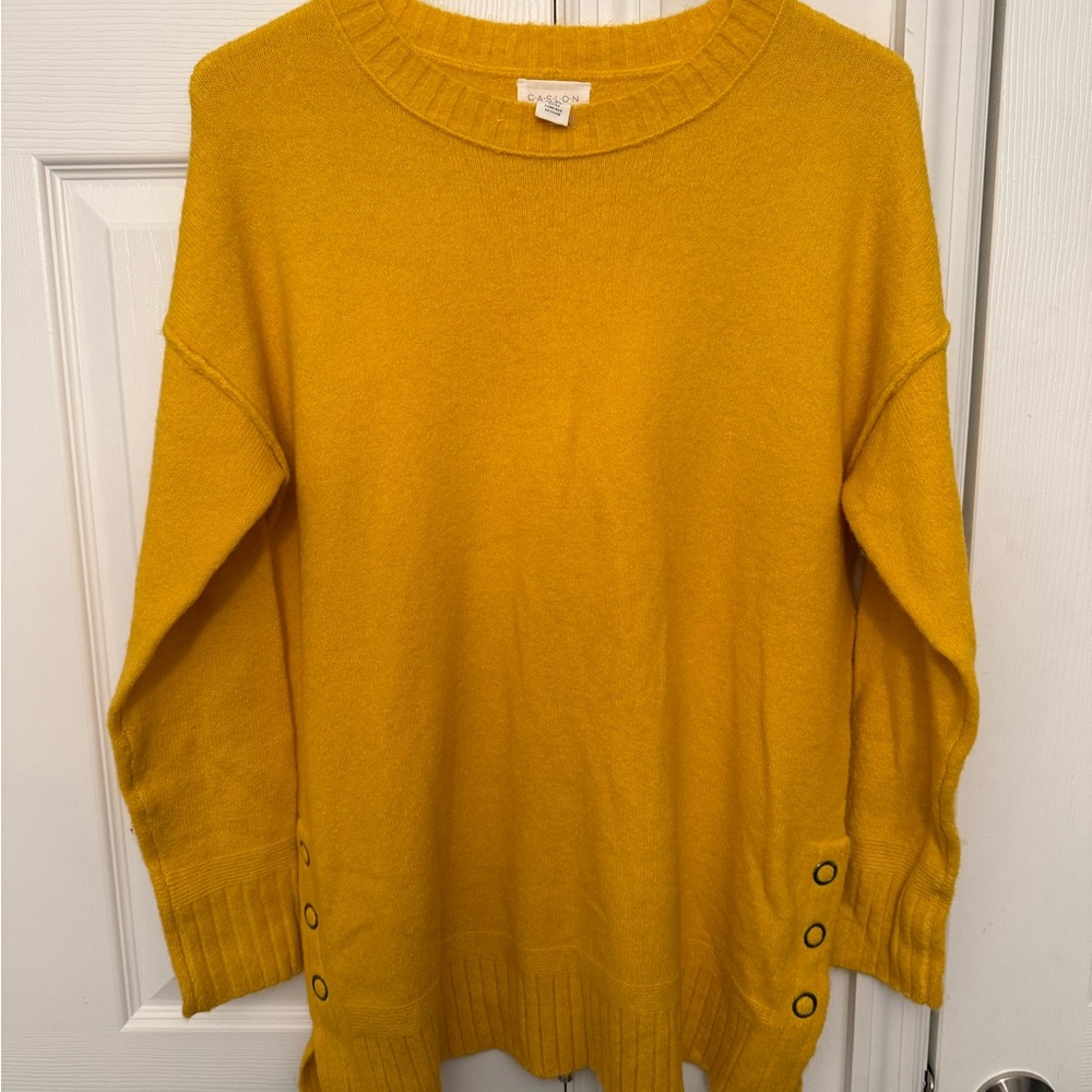 Caslon Mustard Yellow Crewneck Sweater with Hem Button Details